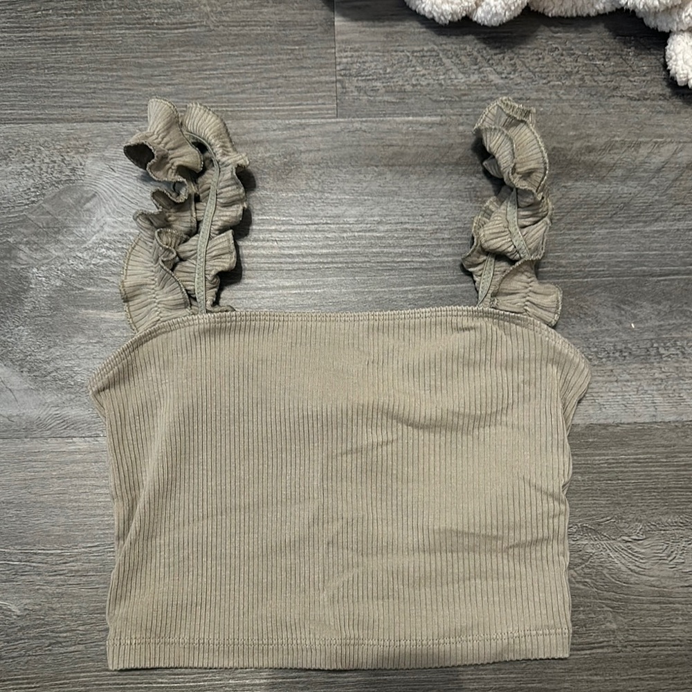 Sunday Best Tan Ruffled Ribbed Tank Top